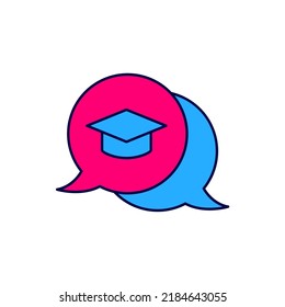 Esquema relleno Límite de graduación en icono de burbuja de voz aislado en fondo blanco. Sombrero de graduación con icono de tacón.  Vector