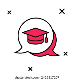Tapa de graduación en el icono de burbuja de voz aislado sobre fondo blanco. Sombrero de graduación con icono de borla.  Vector
