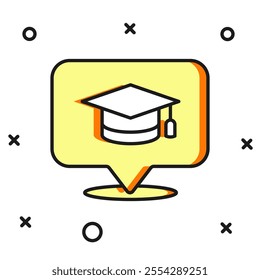 Filled outline Graduation cap in speech bubble icon isolated on white background. Graduation hat with tassel icon. Flat filled outline style with shadow. Vector