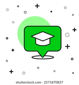 Filled outline Graduation cap in speech bubble icon isolated on white background. Graduation hat with tassel icon.  Vector