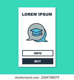 Filled outline Graduation cap in speech bubble icon isolated on turquoise background. Graduation hat with tassel icon.  Vector