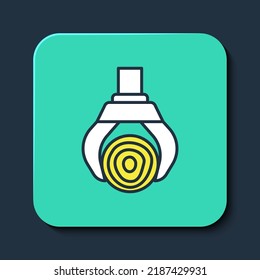 Filled outline Grapple crane grabbed a log icon isolated on blue background. Forest industry. Industrial crane for lumber trunk wood production. Turquoise square button. Vector