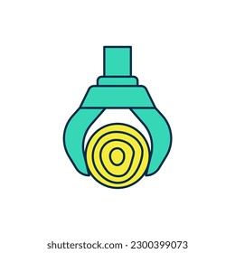 Esquema relleno La grúa grapple agarró un icono de registro aislado en el fondo blanco. Industria forestal. Grúa industrial para la producción de madera de tronco de madera.  Vector
