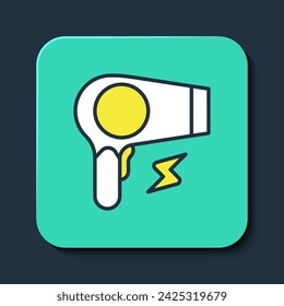 Filled outline Hair dryer icon isolated on blue background. Hairdryer sign. Hair drying symbol. Blowing hot air. Turquoise square button. Vector