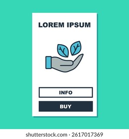 Filled outline Hand hold a leaf of the plant icon isolated on turquoise background. Care nature. Leaf shoots with environmental protection.  Vector