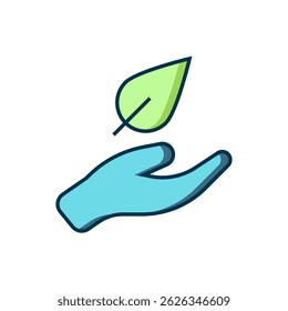 Filled outline Hand hold a leaf of the plant icon isolated on white background. Care nature. Leaf shoots with environmental protection. Flat filled outline style with shadow. Vector