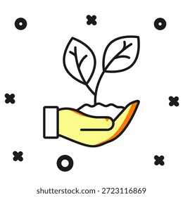 Mano sostiene una hoja del icono de la planta aislado en el fondo blanco. Cuidar la naturaleza. Brotes de hojas con protección ambiental. Estilo de contorno relleno plano con sombra. Vector