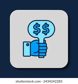 Filled outline Hand holding auction paddle icon isolated on blue background. Bidding concept. Auction competition. Hands rising signs with BID inscriptions.  Vector