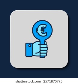 Filled outline Hand holding auction paddle icon isolated on blue background. Bidding concept. Auction competition. Hands rising signs with BID inscriptions.  Vector