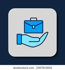 Filled outline Hand holding briefcase icon isolated on blue background. Insurance concept. Security, safety, protection, protect concept.  Vector