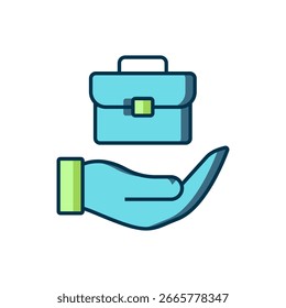 Mano que sostiene el icono del maletín aislado en el fondo blanco. Concepto de seguro. Seguridad, seguridad, protección, proteger el concepto. Estilo de contorno relleno plano con sombra. Vector