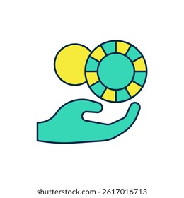 Filled outline Hand holding casino chips icon isolated on white background. Casino gambling.  Vector
