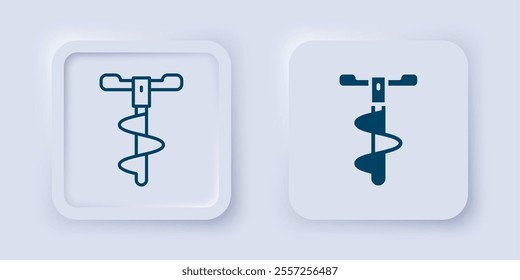 Filled and outline Hand ice drill for winter fishing icon isolated on grey background. Square button. Vector
