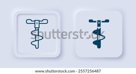 Filled and outline Hand ice drill for winter fishing icon isolated on grey background. Square button. Vector