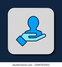 Filled outline Hand for search a people icon isolated on blue background. Recruitment or selection concept. Search for employees and job.  Vector