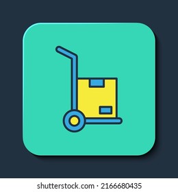 Filled outline Hand truck and boxes icon isolated on blue background. Dolly symbol. Turquoise square button. Vector