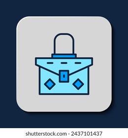 Filled outline Handbag icon isolated on blue background. Female handbag sign. Glamour casual baggage symbol.  Vector