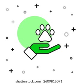Filled outline Hands with animals footprint icon isolated on white background. Pet paw in heart. Love to the animals.  Vector