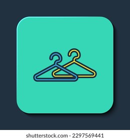 Filled outline Hanger wardrobe icon isolated on blue background. Cloakroom icon. Clothes service symbol. Laundry hanger sign. Turquoise square button. Vector