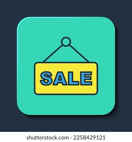 Filled outline Hanging sign with text Sale icon isolated on blue background. Signboard with text Sale. Turquoise square button. Vector