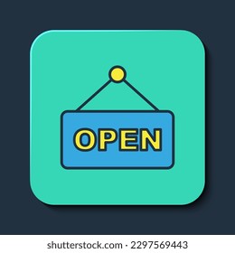 Símbolo relleno Signo de colgado con texto Icono de puerta abierta aislado en fondo azul. Botón cuadrado turquesa. Vector