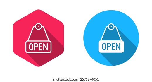 Filled and outline Hanging sign with text Open door icon isolated with long shadow background.  Vector