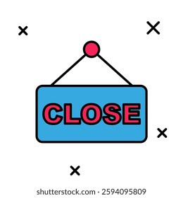 Filled outline Hanging sign with text Closed icon isolated on white background. Business theme for cafe or restaurant.  Vector