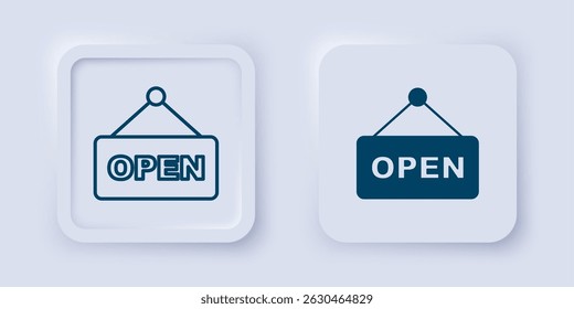 Filled and outline Hanging sign with text Open door icon isolated on grey background. Square button. Vector