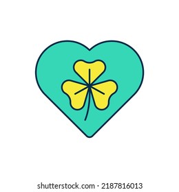 Filled outline Heart with clover trefoil leaf icon isolated on white background. Happy Saint Patricks day. National Irish holiday.  Vector