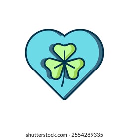 Filled outline Heart with clover trefoil leaf icon isolated on white background. Happy Saint Patricks day. National Irish holiday. Flat filled outline style with shadow. Vector