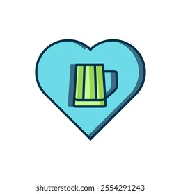 Filled outline Heart with glass of beer icon isolated on white background. Flat filled outline style with shadow. Vector