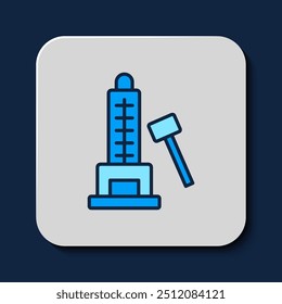 Filled outline High striker attraction with big hammer icon isolated on blue background. Attraction for measuring strength. Amusement park.  Vector