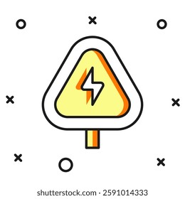Filled outline High voltage sign icon isolated on white background. Danger symbol. Arrow in triangle. Warning icon. Flat filled outline style with shadow. Vector