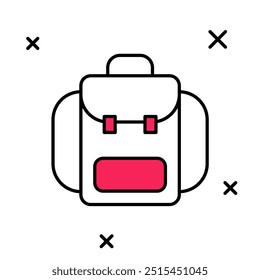 Filled outline Hiking backpack icon isolated on white background. Camping and mountain exploring backpack.  Vector