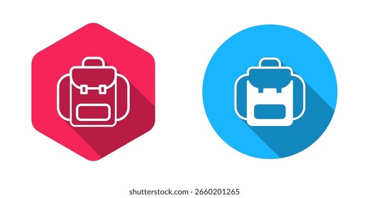 Filled and outline Hiking backpack icon isolated with long shadow background. Camping and mountain exploring backpack.  Vector