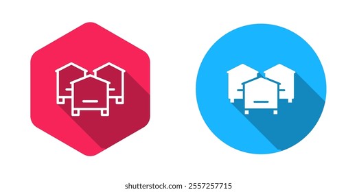 Filled and outline Hive for bees icon isolated with long shadow background. Beehive symbol. Apiary and beekeeping. Sweet natural food.  Vector