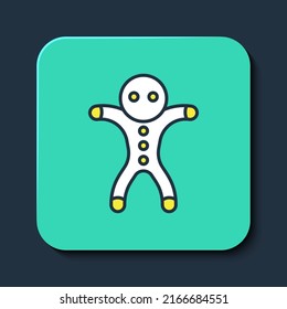 Filled outline Holiday gingerbread man cookie icon isolated on blue background. Cookie in shape of man with icing. Turquoise square button. Vector