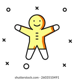 Filled outline Holiday gingerbread man cookie icon isolated on white background. Cookie in shape of man with icing. Flat filled outline style with shadow. Vector