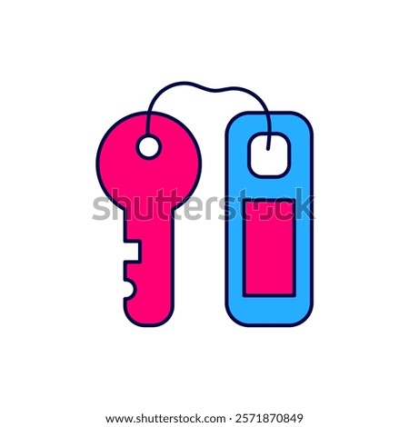 Filled outline Hotel door lock key with number tag icon isolated on white background.  Vector