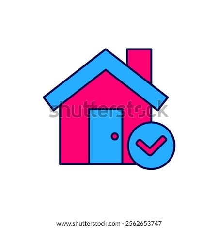 Filled outline House with check mark icon isolated on white background. Real estate agency or cottage town elite class.  Vector