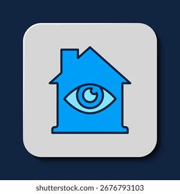 Gefüllter Umriss Haus mit einem Auge-Scan-Symbol einzeln auf blauem Hintergrund. Auge scannen. Symbol für die Sicherheitsprüfung. Cyber-Augenzeichen.  Vektorgrafik