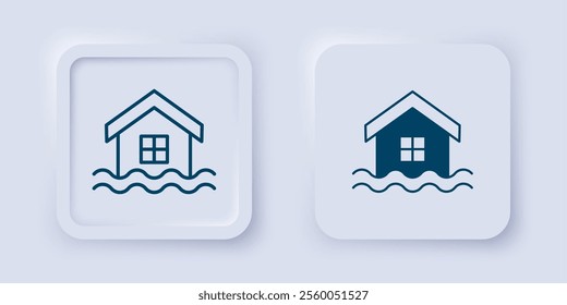 Filled and outline House flood icon isolated on grey background. Home flooding under water. Insurance concept. Security, safety, protection, protect concept. Square button. Vector