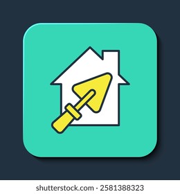 Filled outline House or home with trowel icon isolated on blue background. Adjusting, service, setting, maintenance, repair, fixing. Turquoise square button. Vector