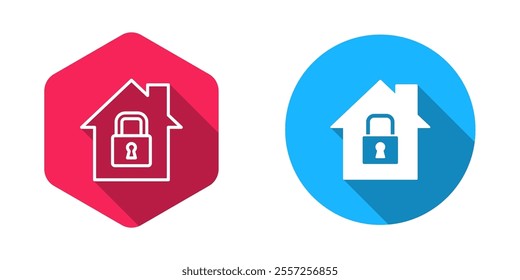 Filled and outline House under protection icon isolated with long shadow background. Home and lock. Protection, safety, security, protect, defense concept.  Vector