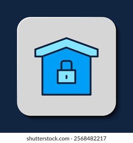 Filled outline House under protection icon isolated on blue background. Home and lock. Protection, safety, security, protect, defense concept.  Vector