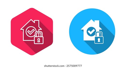 Filled and outline House under protection icon isolated with long shadow background. Home and lock. Protection, safety, security, protect, defense concept.  Vector