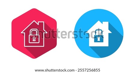 Filled and outline House under protection icon isolated with long shadow background. Home and lock. Protection, safety, security, protect, defense concept.  Vector