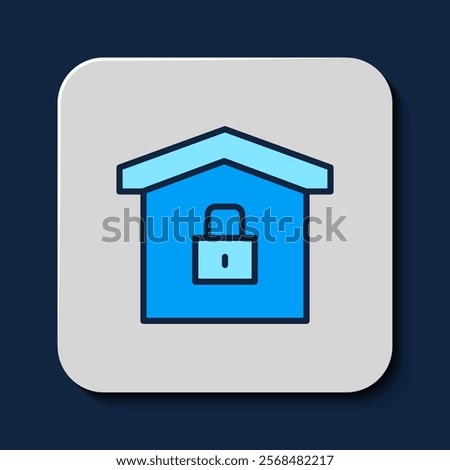 Filled outline House under protection icon isolated on blue background. Home and lock. Protection, safety, security, protect, defense concept.  Vector