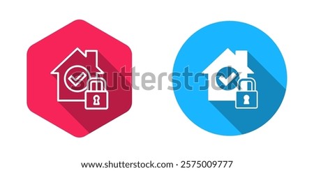 Filled and outline House under protection icon isolated with long shadow background. Home and lock. Protection, safety, security, protect, defense concept.  Vector