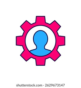 Filled outline Human with gear icon isolated on white background. Artificial intelligence. Thinking brain sign. Symbol work of brain.  Vector